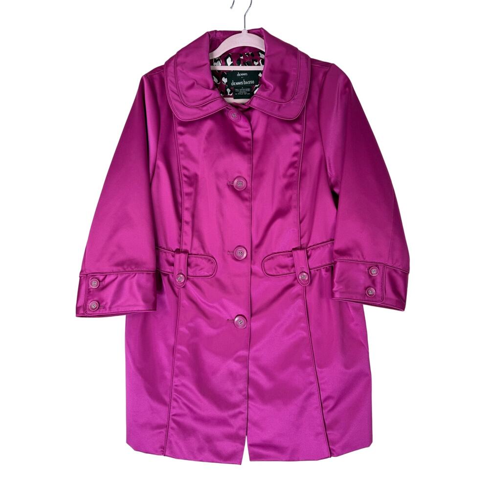Dennis by Dennis Basso Fuchsia Pink Satin Trench Coat Jacket Size S Barbiecore